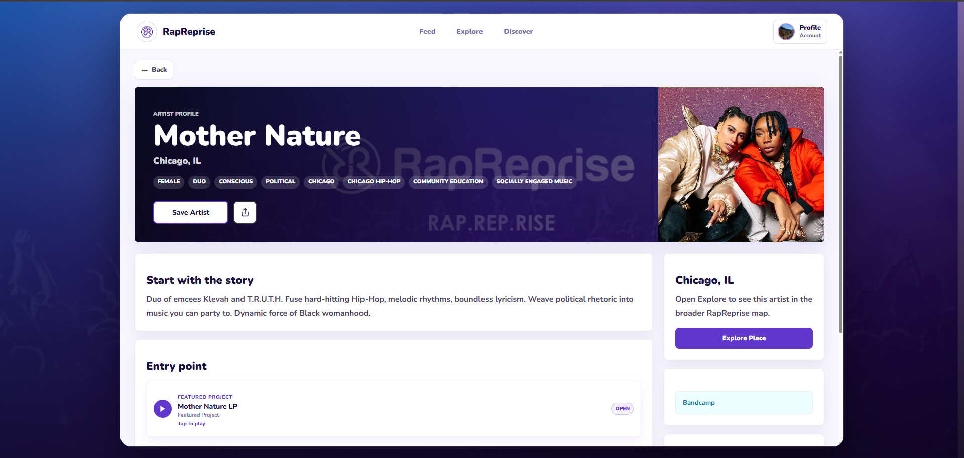 RapReprise Mother Nature artist profile preview.